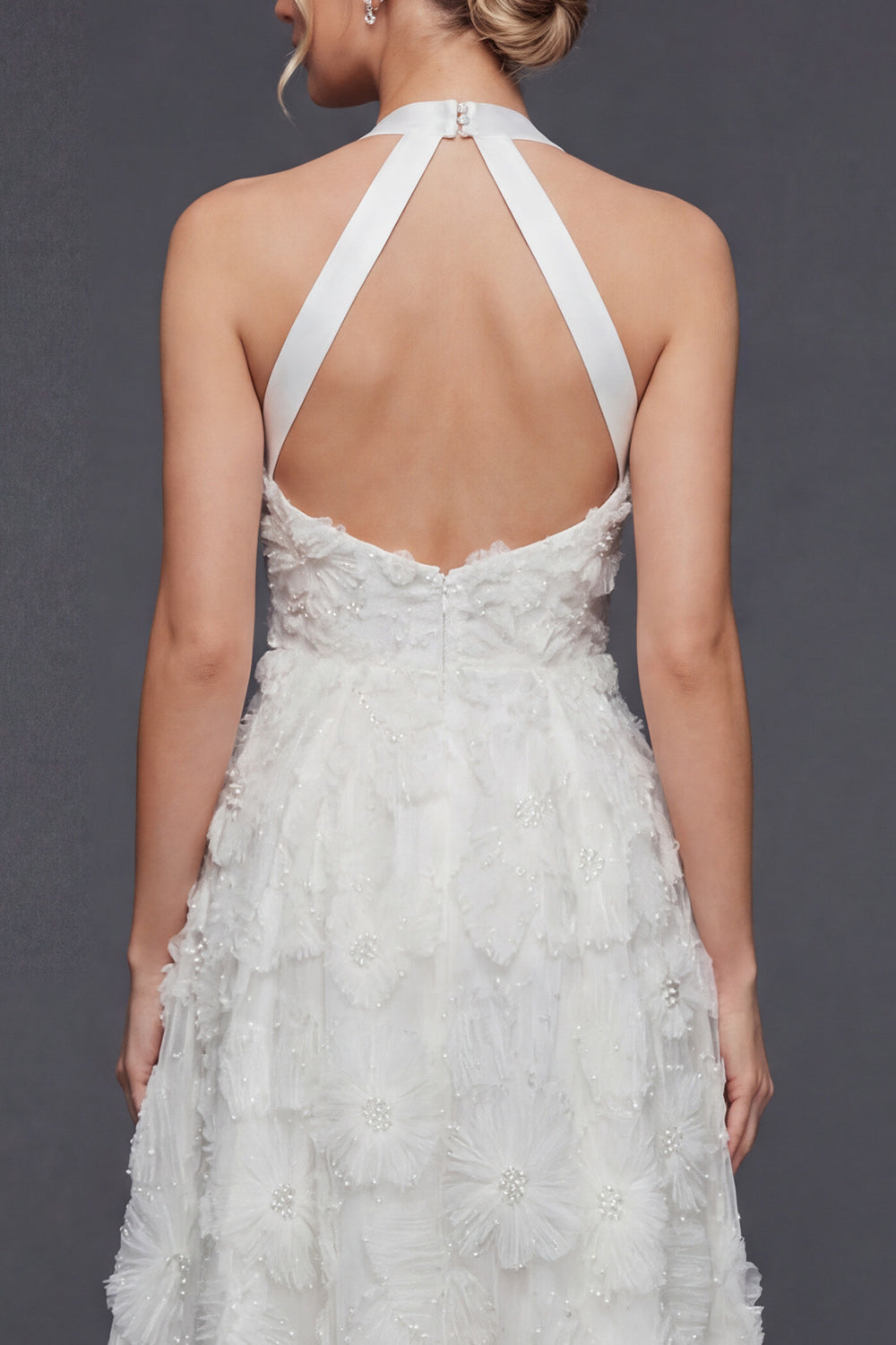 White Halter A Line Maxi Floral Boho Wedding Reception Dress