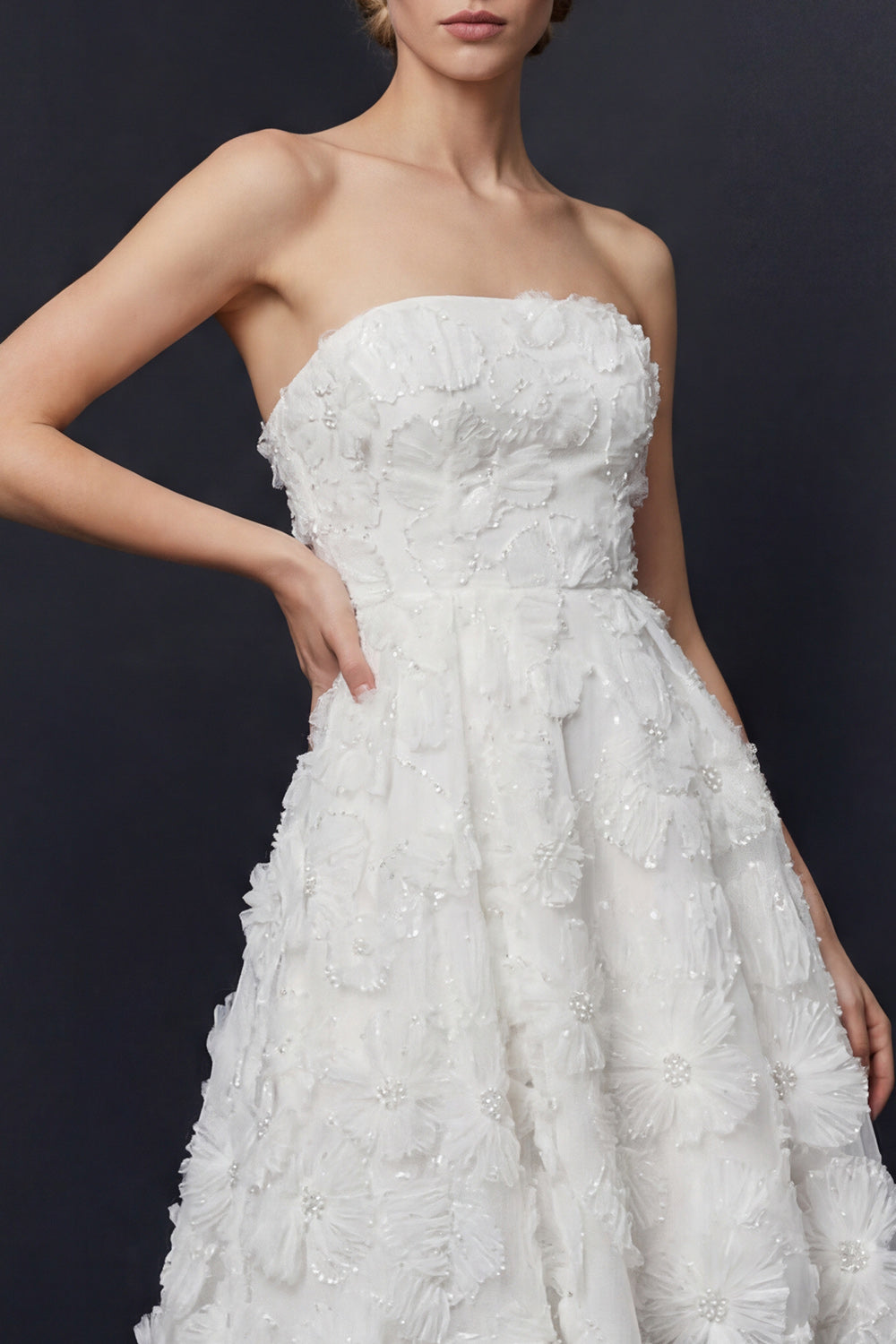White Boho Strapless A Line High-Low Floral Wedding Reception Dress