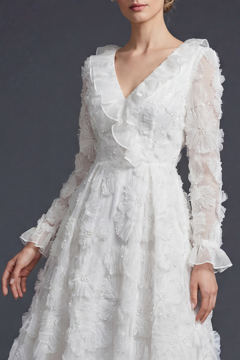 Sparkly White Beaded Ruffled Floral Appliqued Maxi Boho Wedding Reception Dress