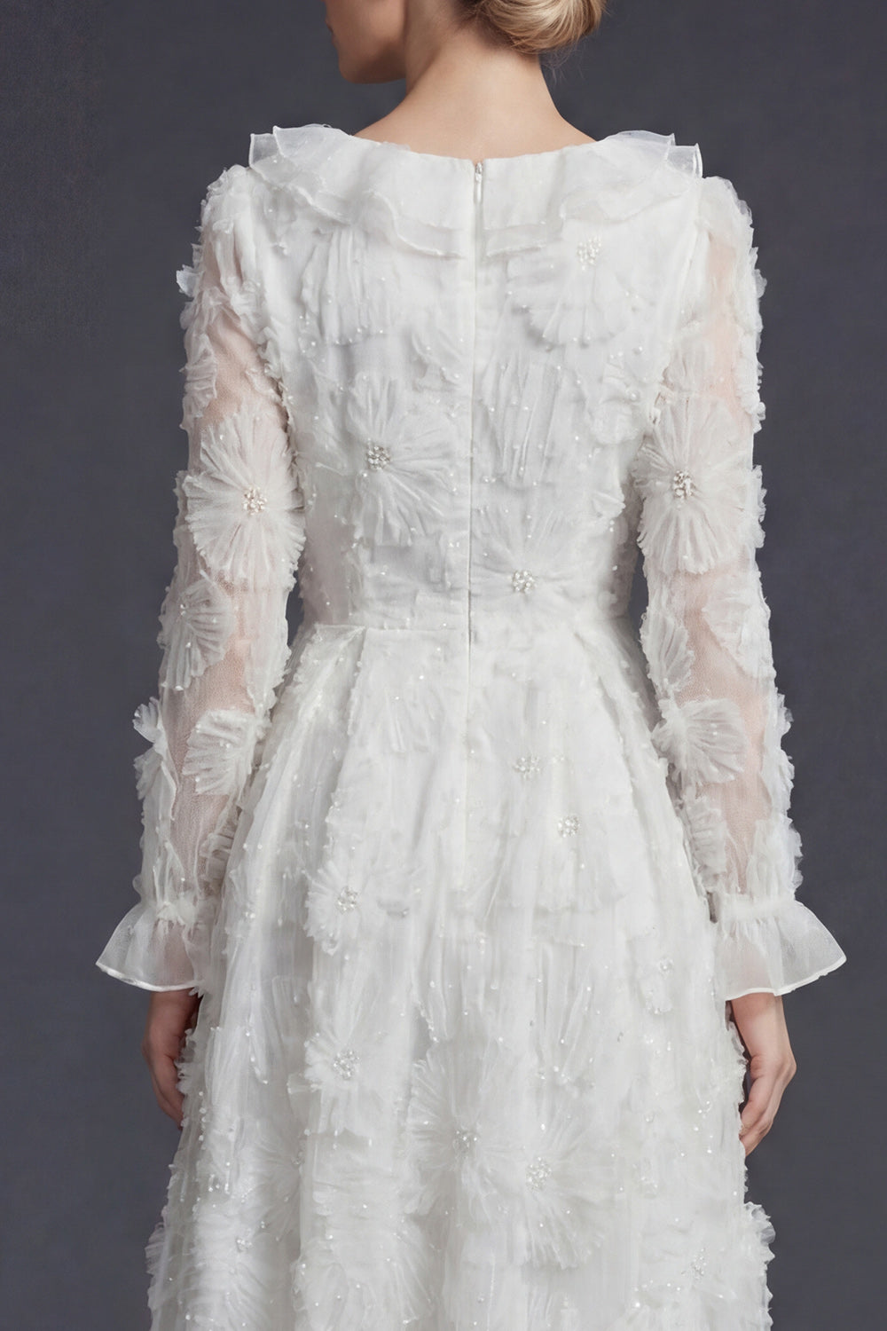 Sparkly White Beaded Ruffled Floral Appliqued Maxi Boho Wedding Reception Dress