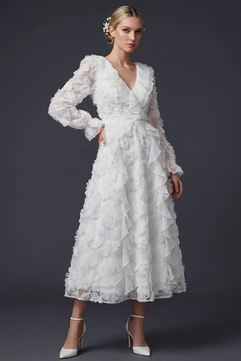 Sparkly White Ruffled Beaded Floral Boho Maxi Wedding Reception Dress with Sleeves