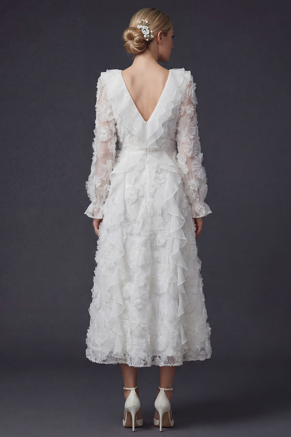 Sparkly White Ruffled Beaded Floral Boho Maxi Wedding Reception Dress with Sleeves