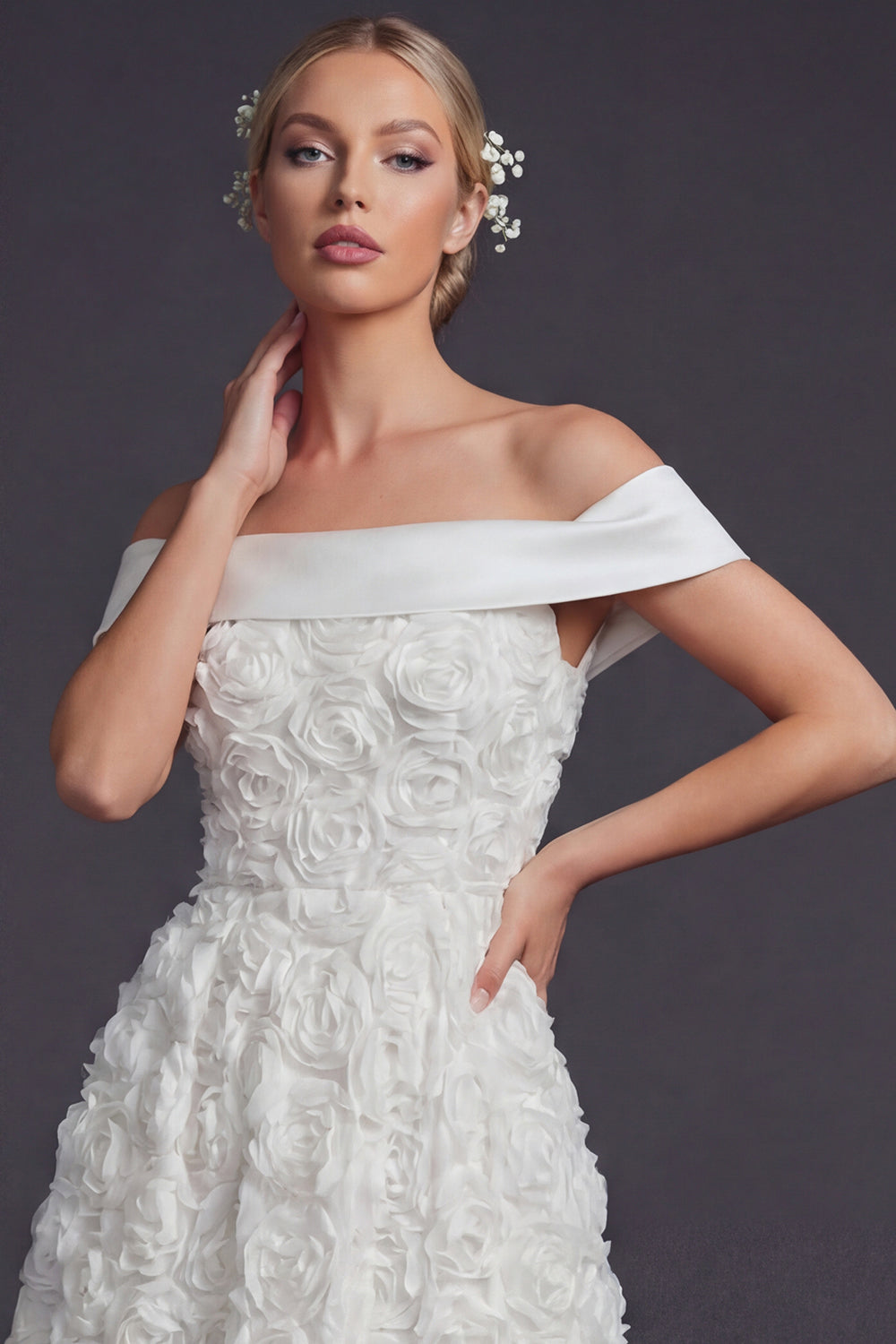 Boho White Off the Shouler A Line Maxi Wedding Reception Dress with 3D Flowers