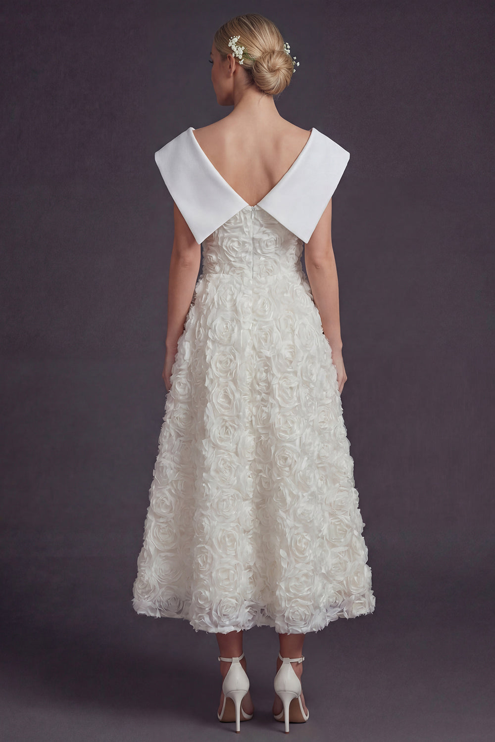 White V-Neck A Line Maxi Boho Wedding Reception Dress with 3D Flowers