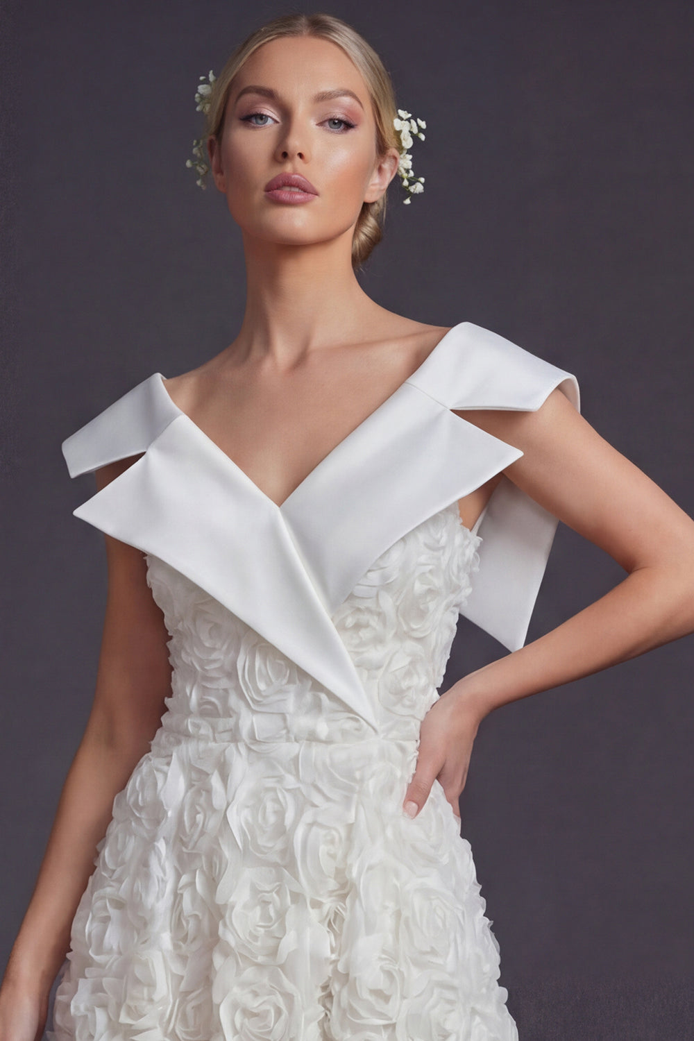 White V-Neck A Line Maxi Boho Wedding Reception Dress with 3D Flowers