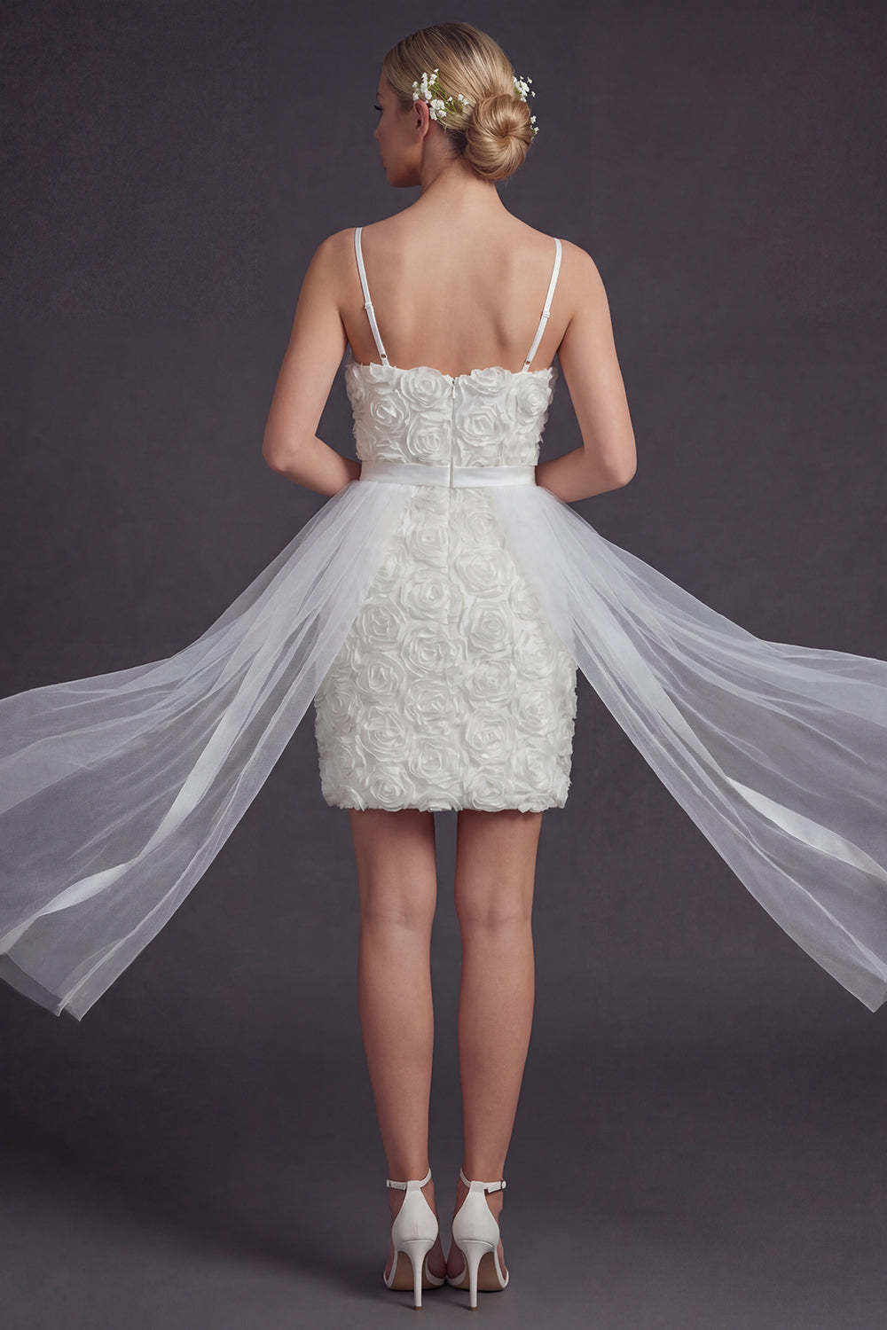 White Floral Spaghetti Straps Boho Short Bodycon Graduation Dress with Cape