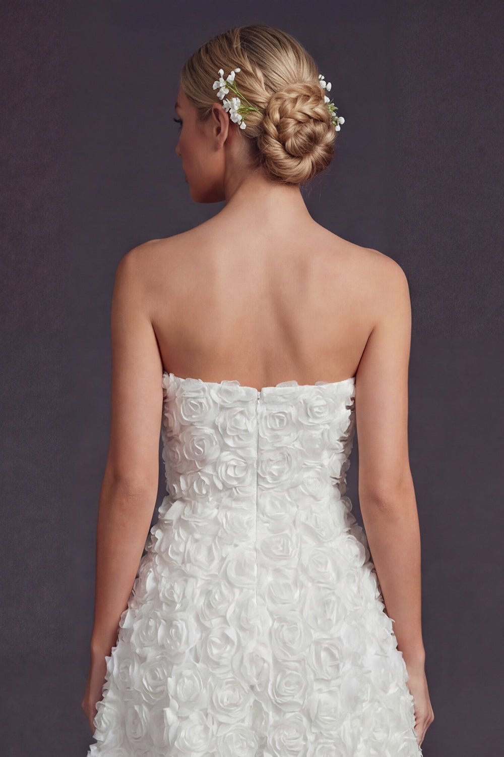 White Strapless A Line Maxi Boho Wedding Reception Dress with 3D Flowers