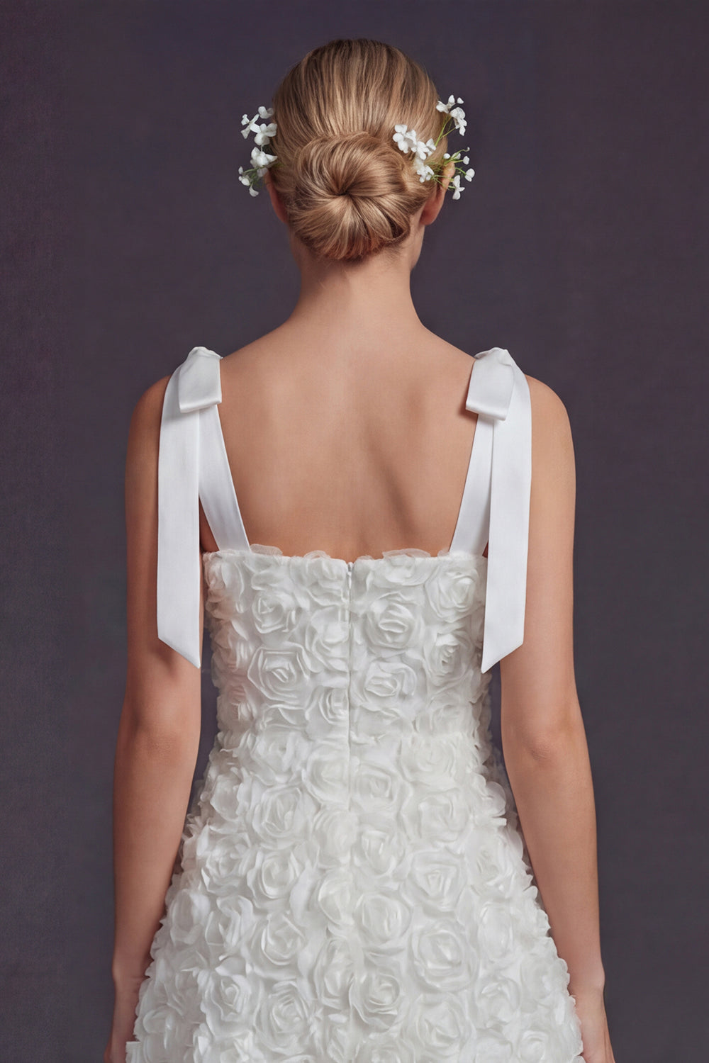 White Floral Square Neck A Line Short Boho Graduation Dress with Bow