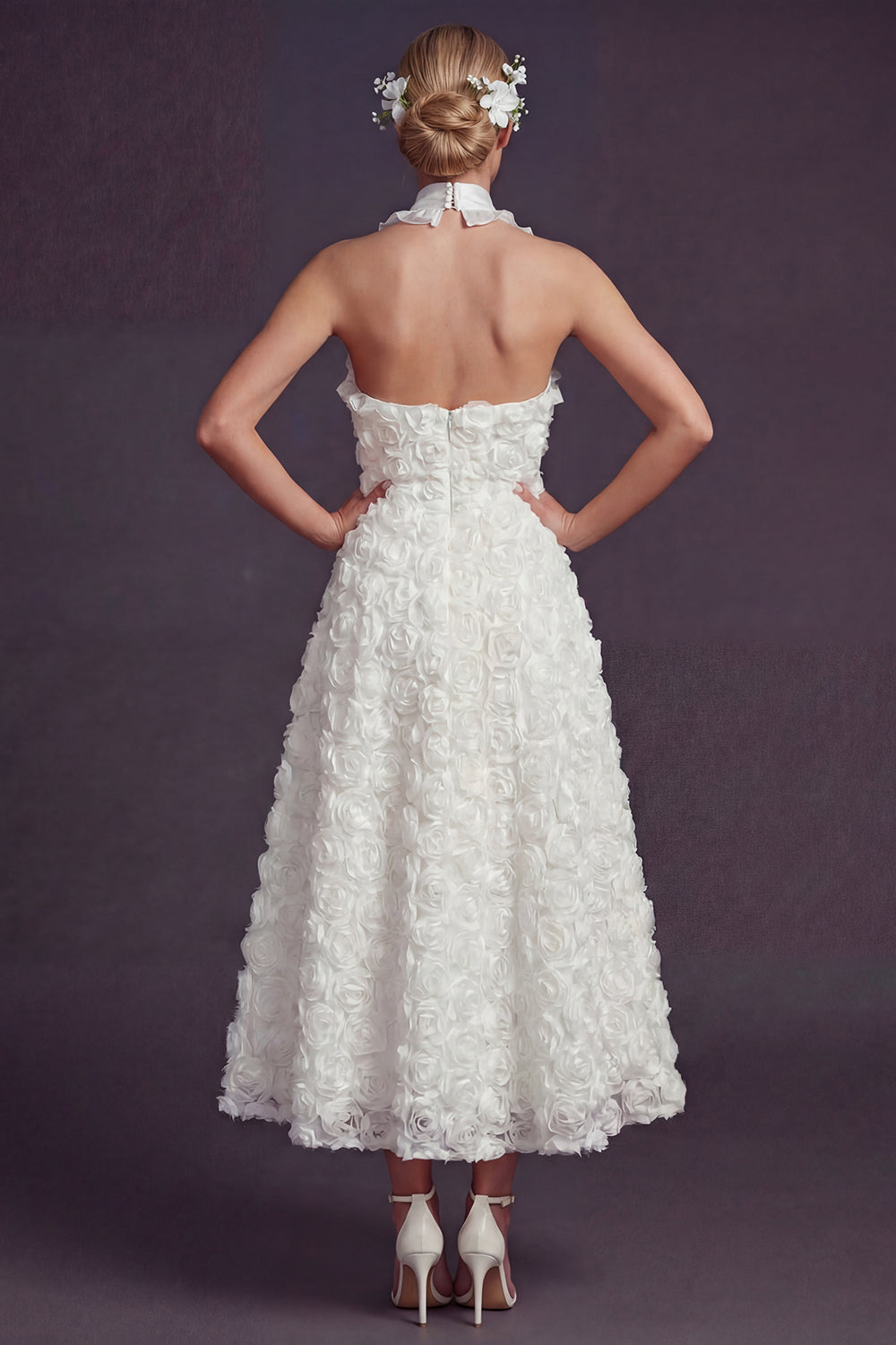 White Halter A Line Ruffled Maxi Wedding Reception Dress with 3D Flowers