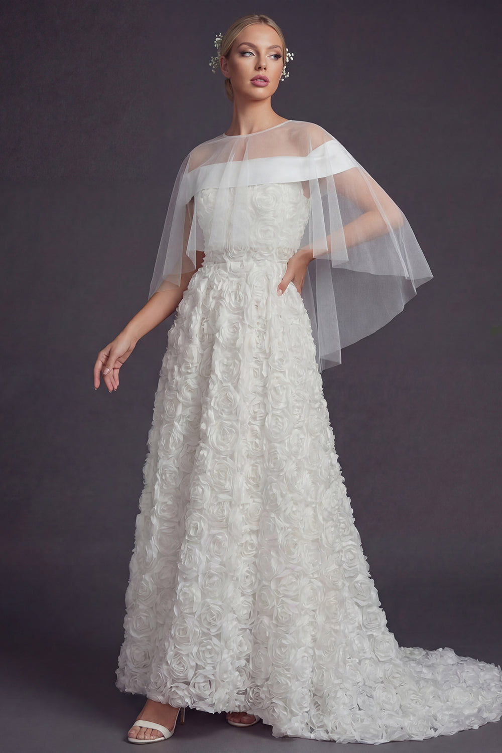 White Sweep Train Floral A Line Wedding Reception Dress with Cape