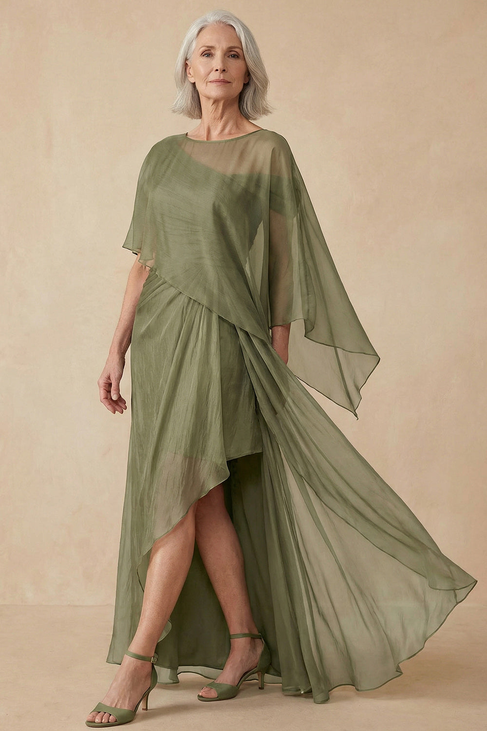 Flowy Dusty Sage A Line Floor-Length Mother of the Bride Dress with Cape