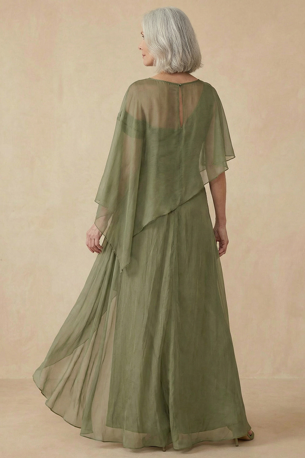 Flowy Dusty Sage A Line Floor-Length Mother of the Bride Dress with Cape