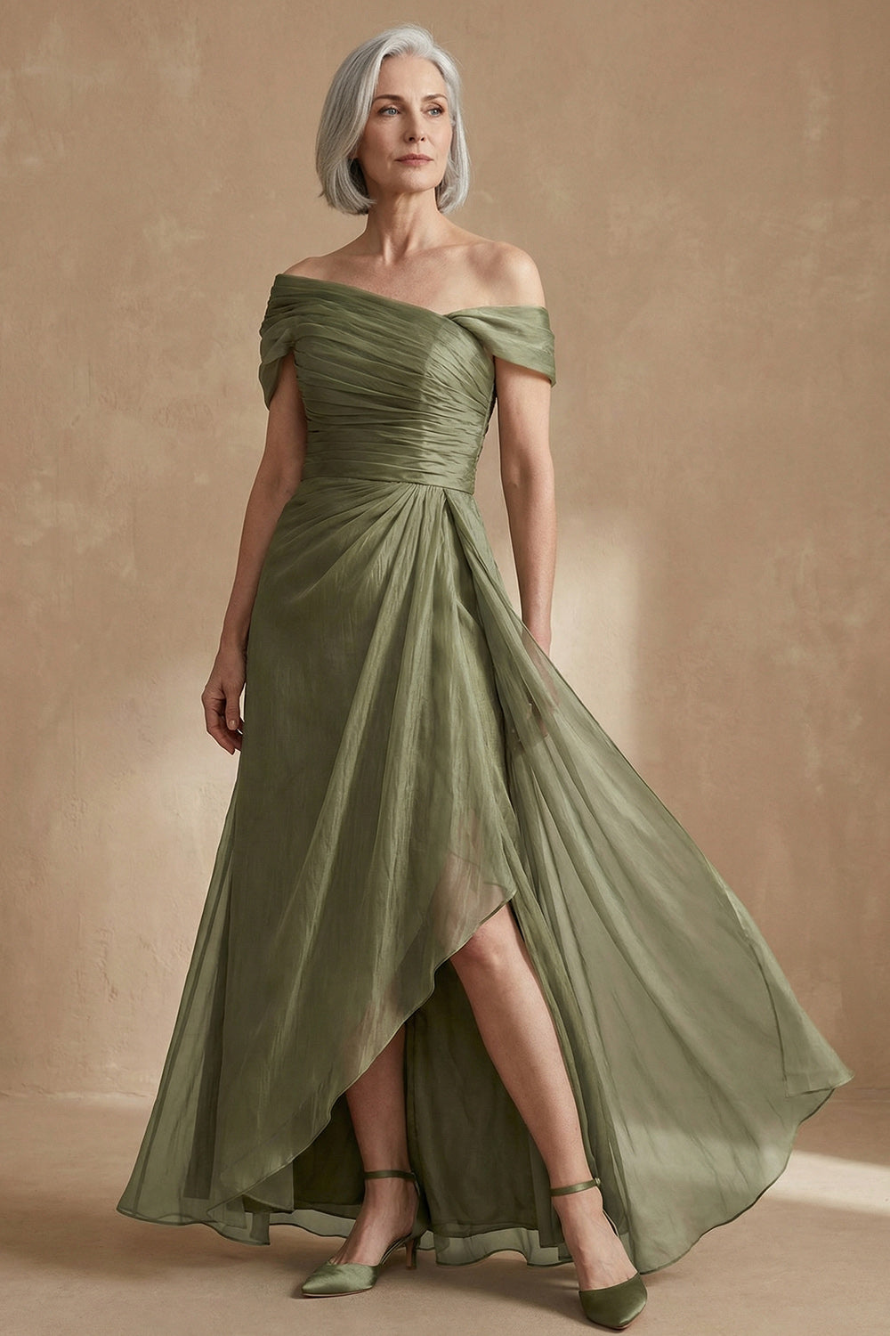 Flowy Dusty Sage A Line Floor-Length Mother of the Bride Dress with Cape