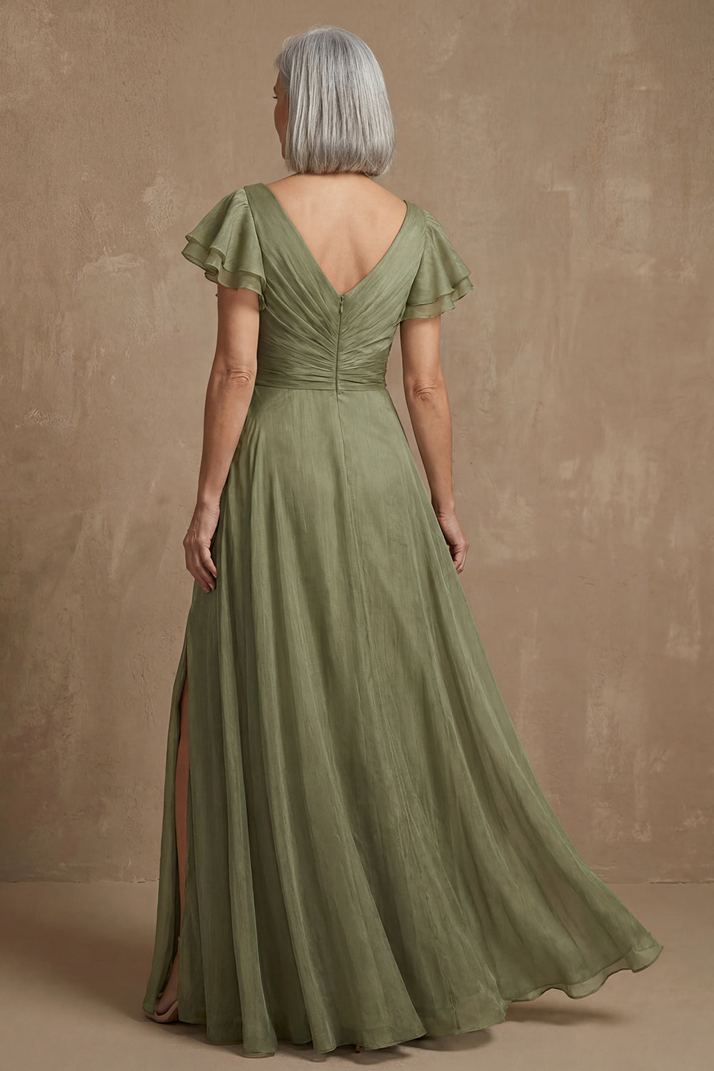 Dusty Sage V Neck A Line Ruffled Floor-Length Mother of the Bride Dress with Slit