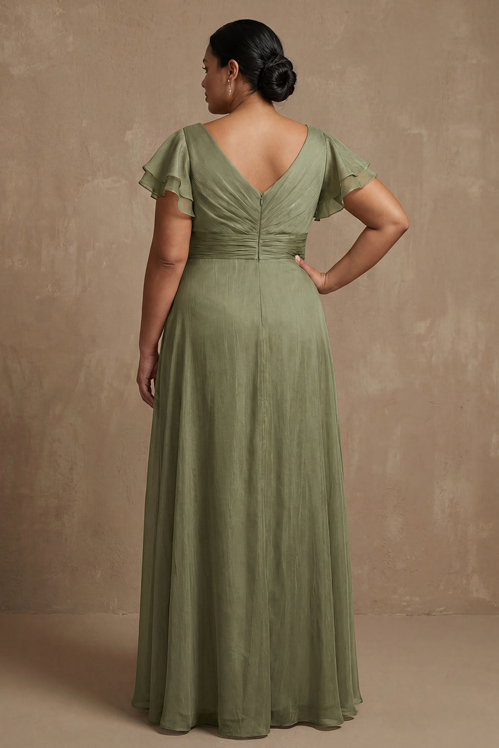 Dusty Sage V Neck A Line Ruffled Floor-Length Mother of the Bride Dress with Slit