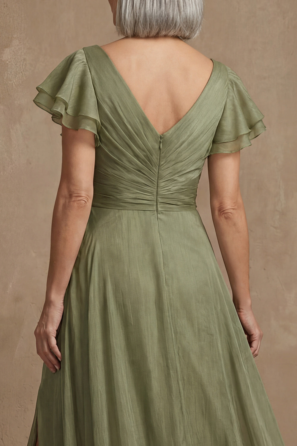 Dusty Sage V Neck A Line Ruffled Floor-Length Mother of the Bride Dress with Slit