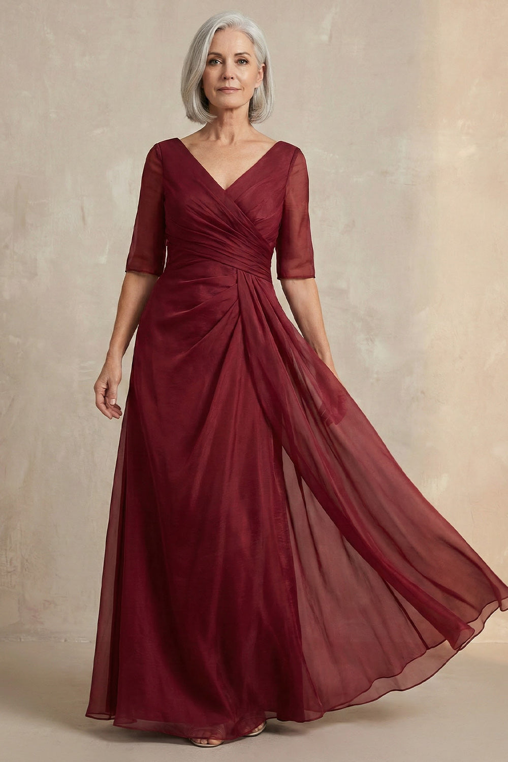 Red A Line V Neck Chiffon Floor-Length Mother of the Bride Dress with Sleeves