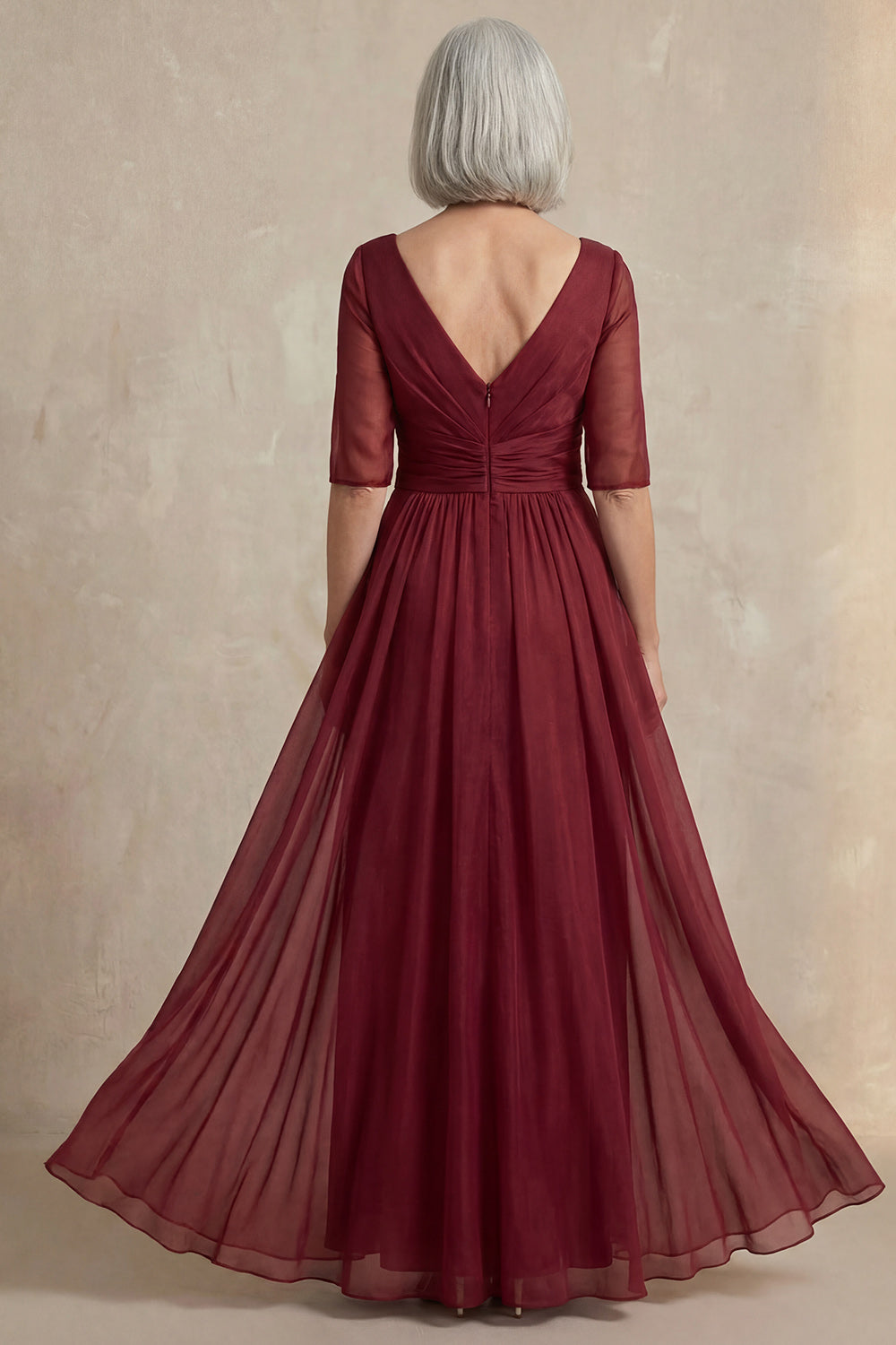 Red A Line V Neck Chiffon Floor-Length Mother of the Bride Dress with Sleeves