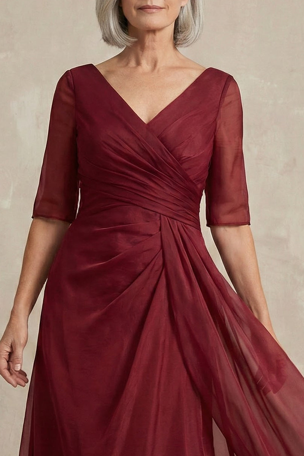 Red A Line V Neck Chiffon Floor-Length Mother of the Bride Dress with Sleeves