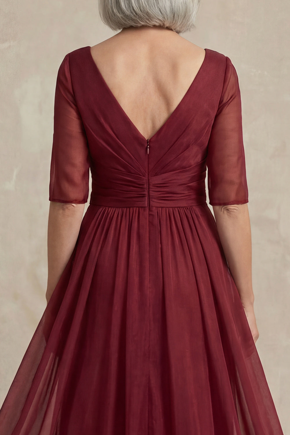 Red A Line V Neck Chiffon Floor-Length Mother of the Bride Dress with Sleeves