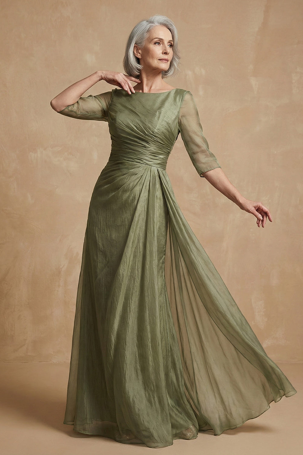 Dusty Sage Bateau Neck A Line Floor-Length Mother of the Bride Dress with Sleeves