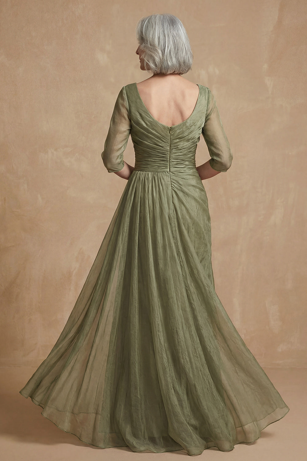 Dusty Sage Bateau Neck A Line Floor-Length Mother of the Bride Dress with Sleeves