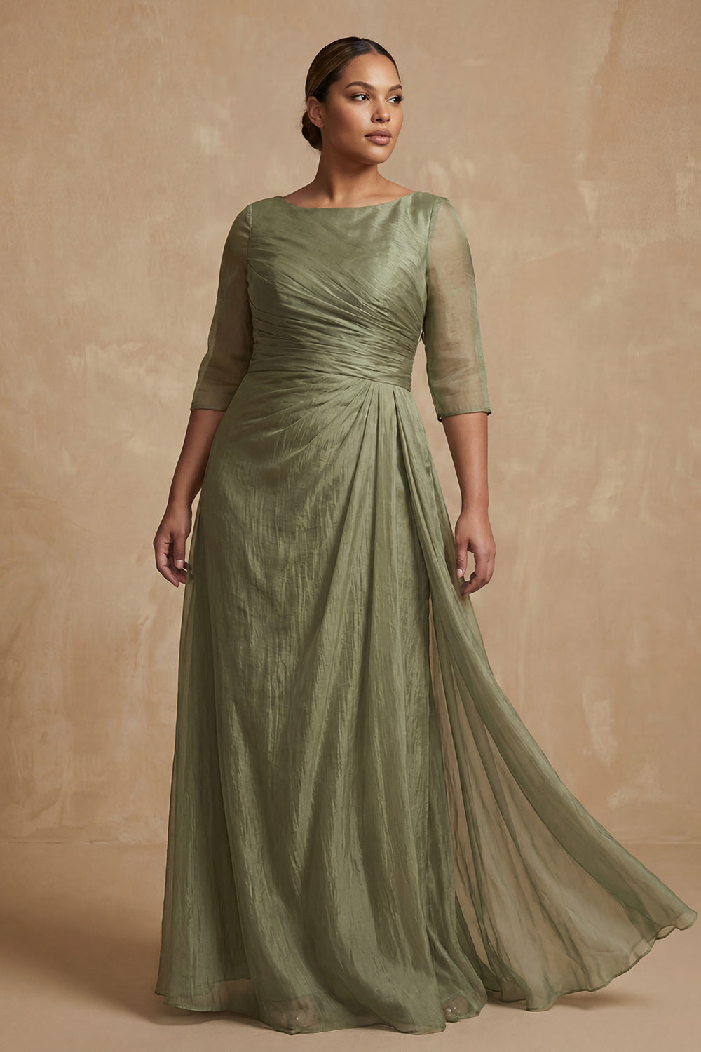 Dusty Sage Bateau Neck A Line Floor-Length Mother of the Bride Dress with Sleeves