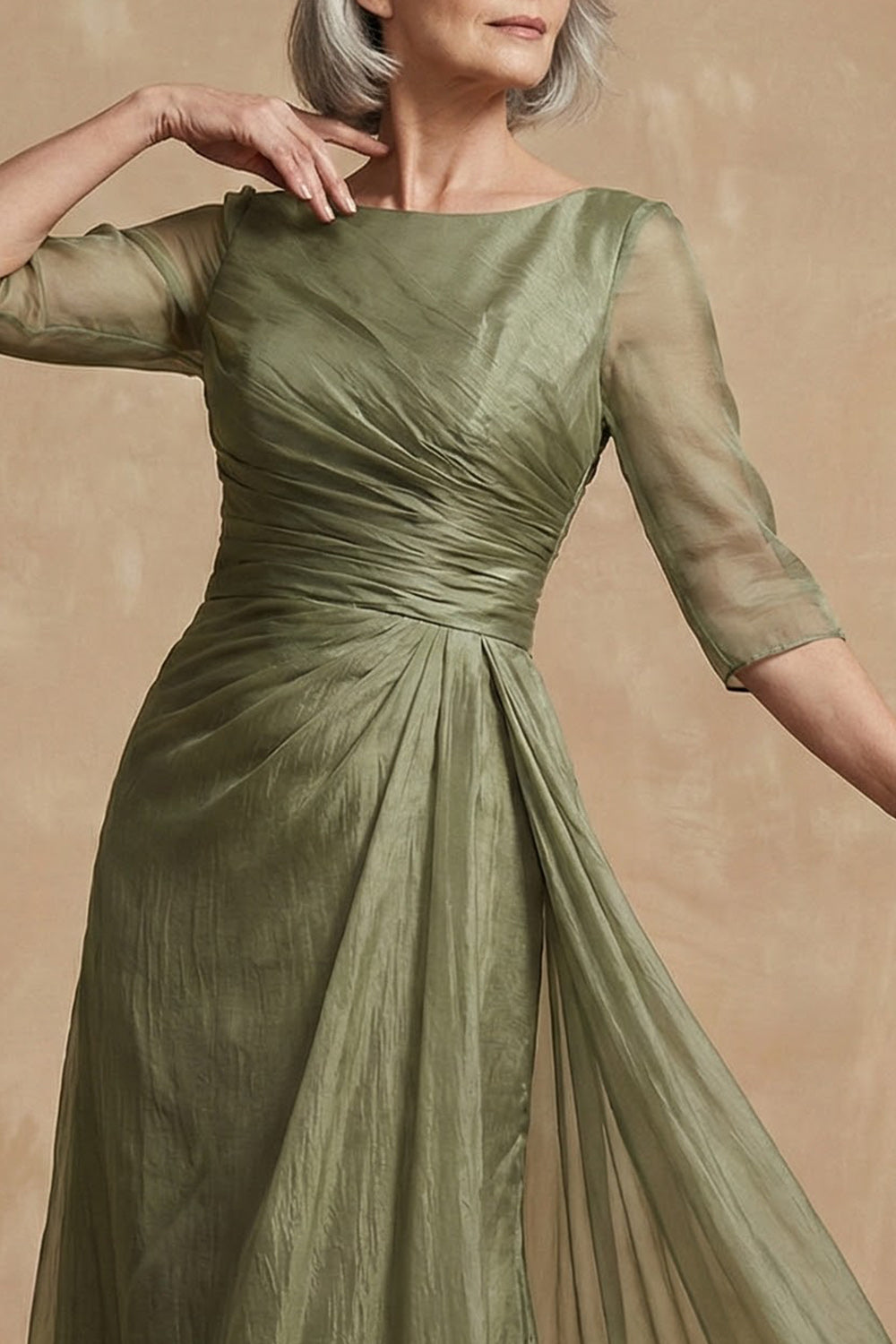 Dusty Sage Bateau Neck A Line Floor-Length Mother of the Bride Dress with Sleeves