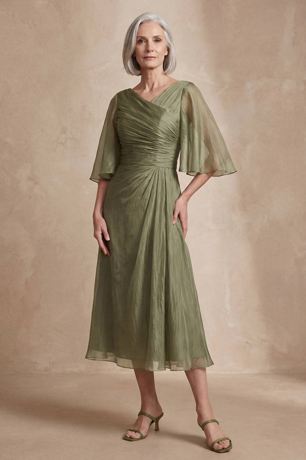 Dusty Sage Ruched Flutter Sleeves Tea-Length Mother of the Bride Dress