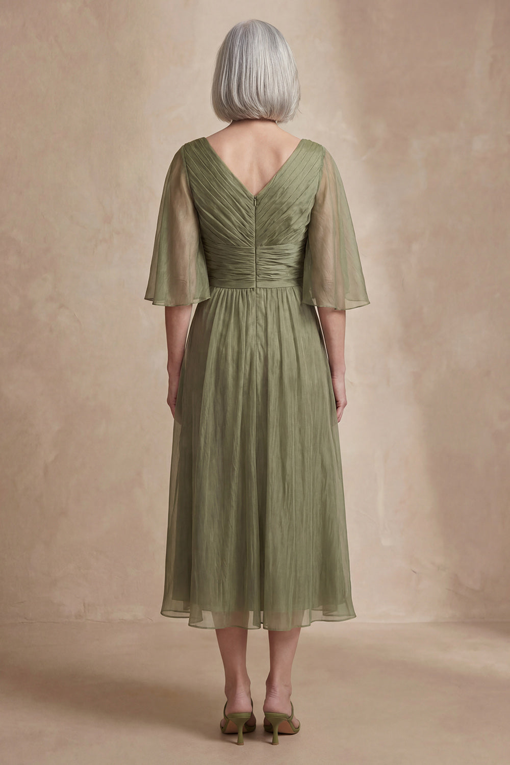 Dusty Sage Ruched Flutter Sleeves Tea-Length Mother of the Bride Dress