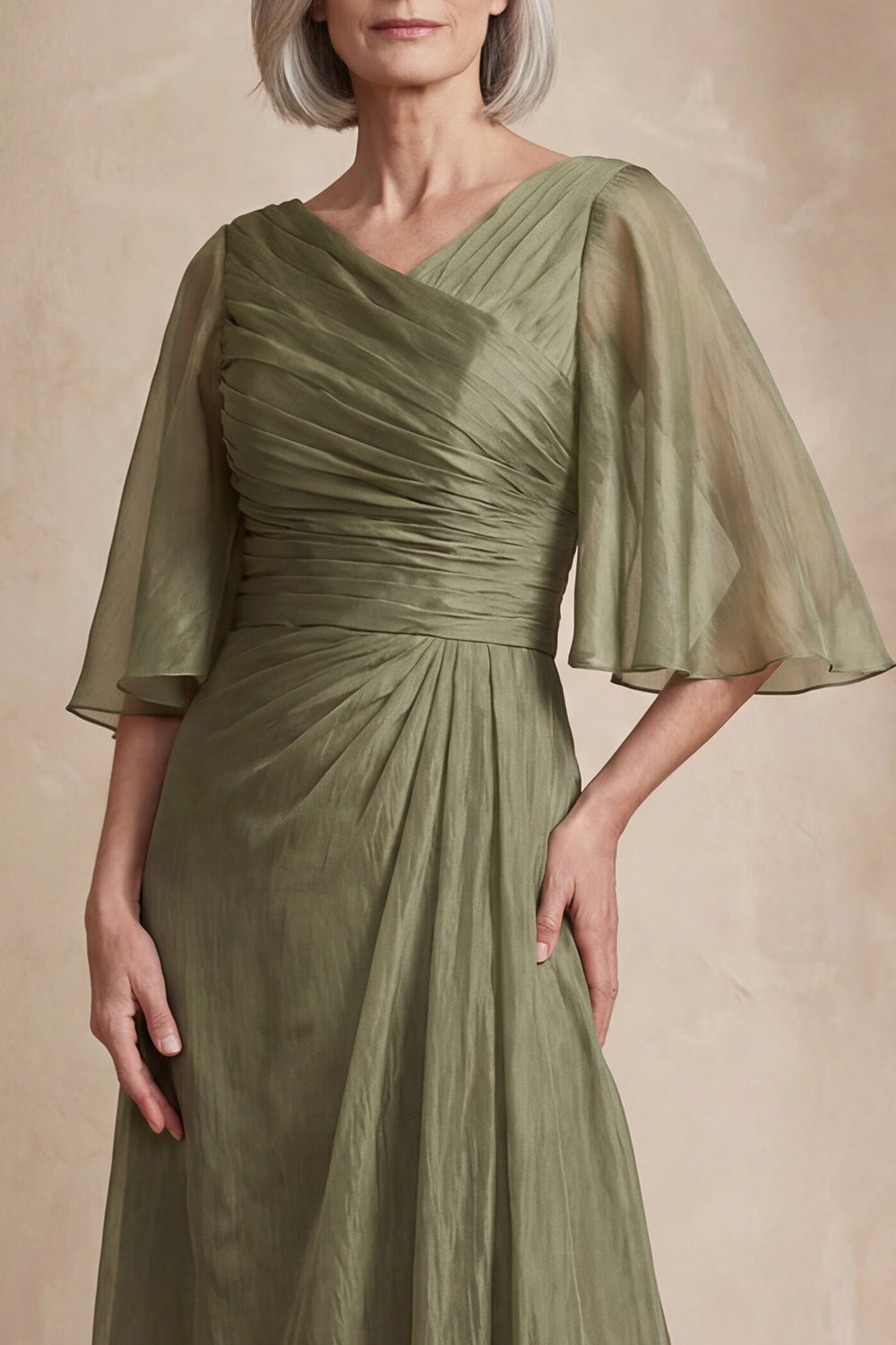 Dusty Sage Ruched Flutter Sleeves Tea-Length Mother of the Bride Dress