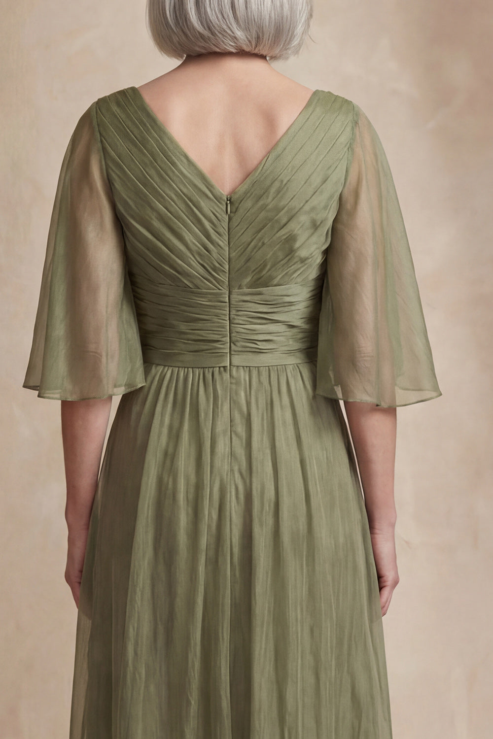 Dusty Sage Ruched Flutter Sleeves Tea-Length Mother of the Bride Dress