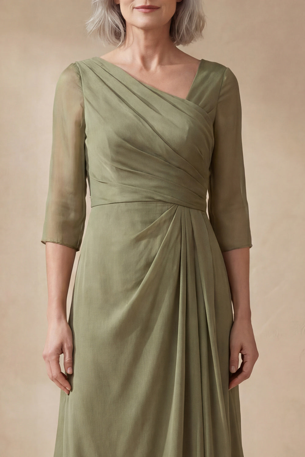 Dusty Sage A Line Ruched Ankle-length Mother of the Bride Dress with Sleeves