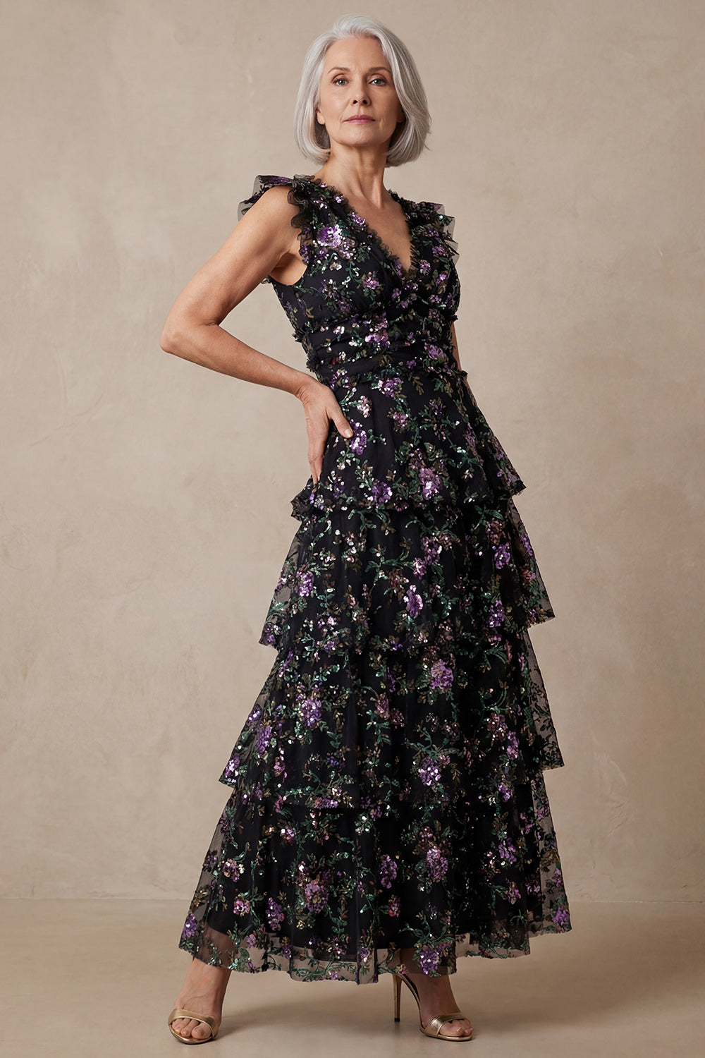Sparkly Black V Neck Floral Sequin Tiered A Line Mother of the Bride Dress with Ruffles