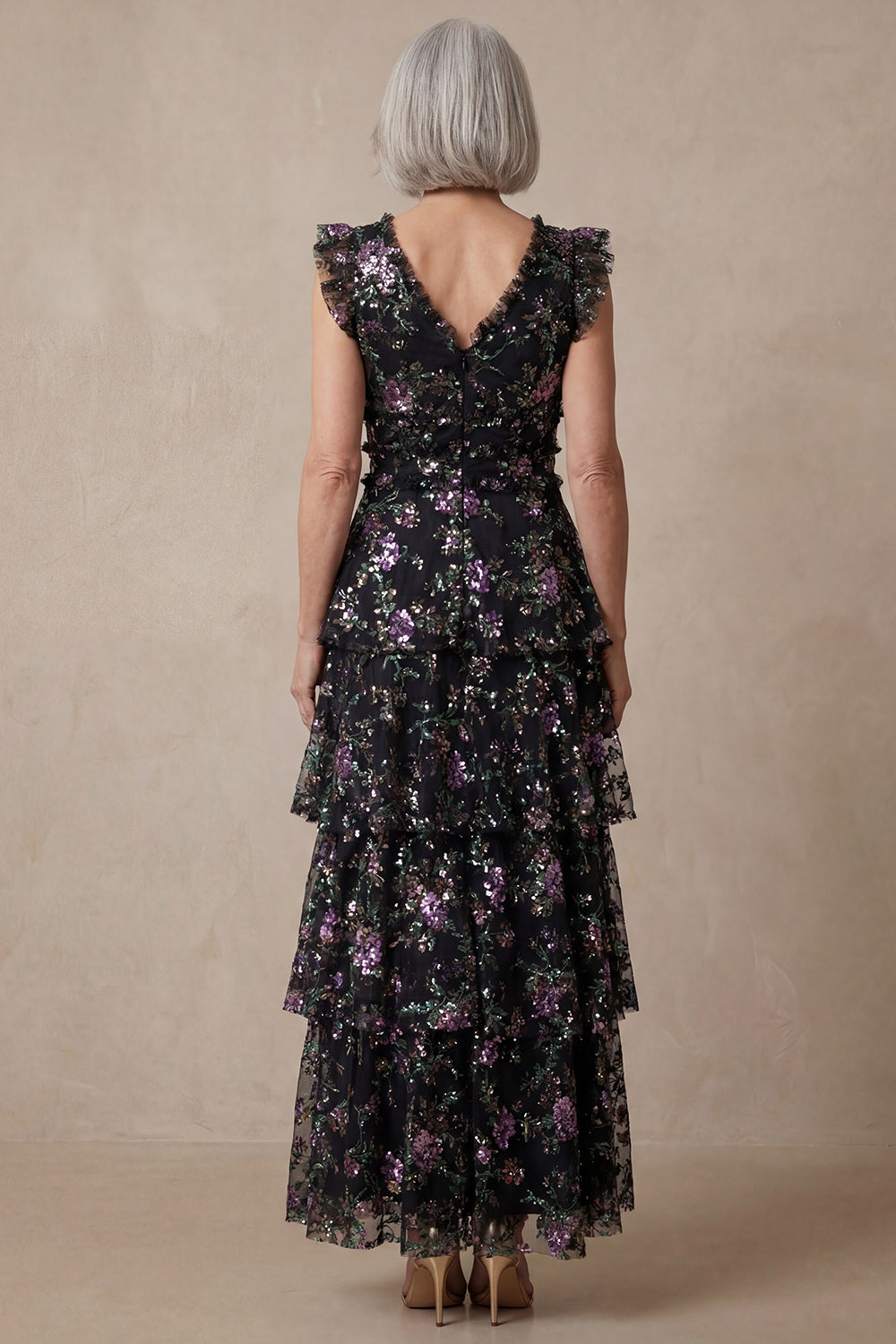 Sparkly Black V Neck Floral Sequin Tiered A Line Mother of the Bride Dress with Ruffles