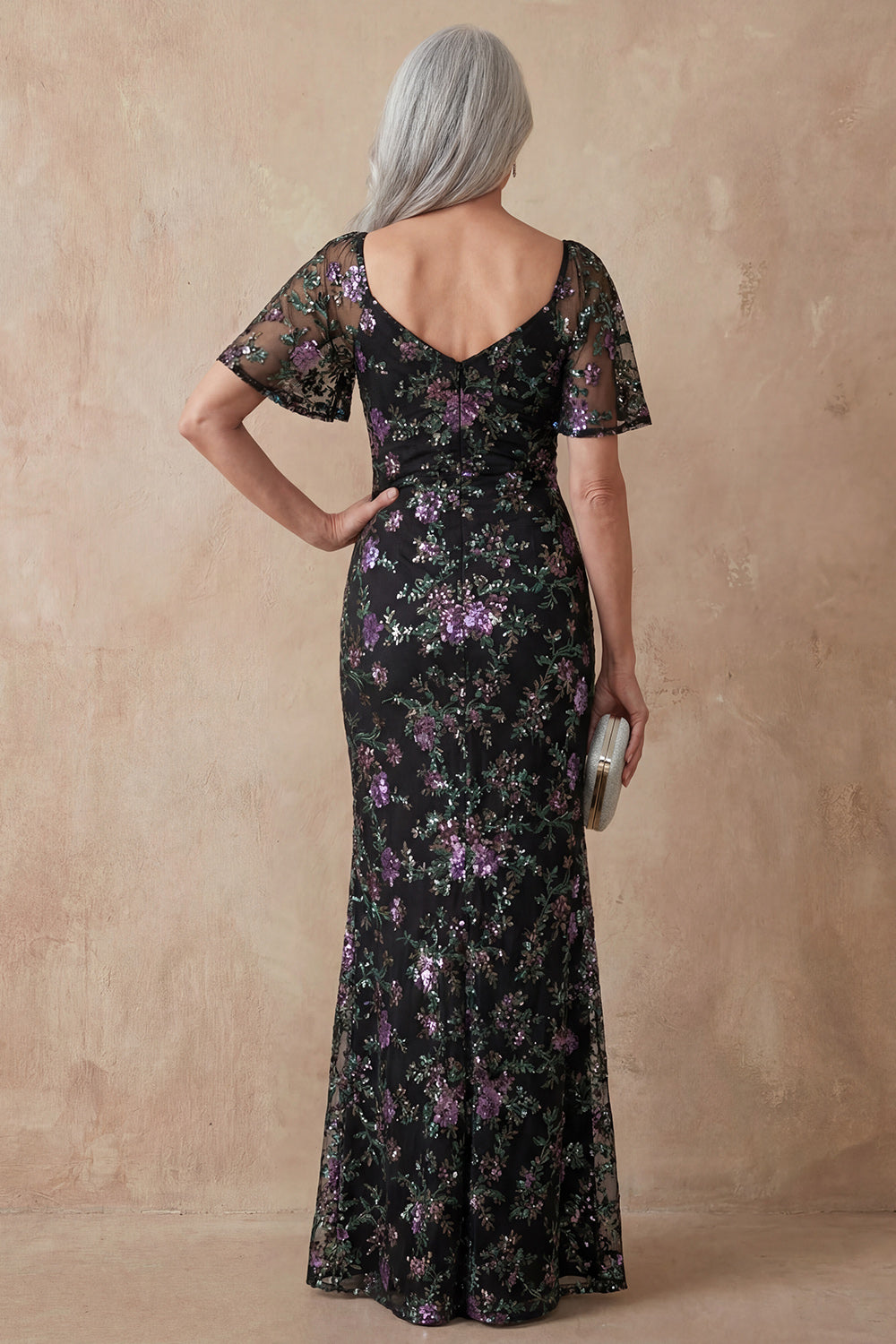 Black Floral Spakly Scoop Mermaid Floor-Length Mother of the Bride Dress