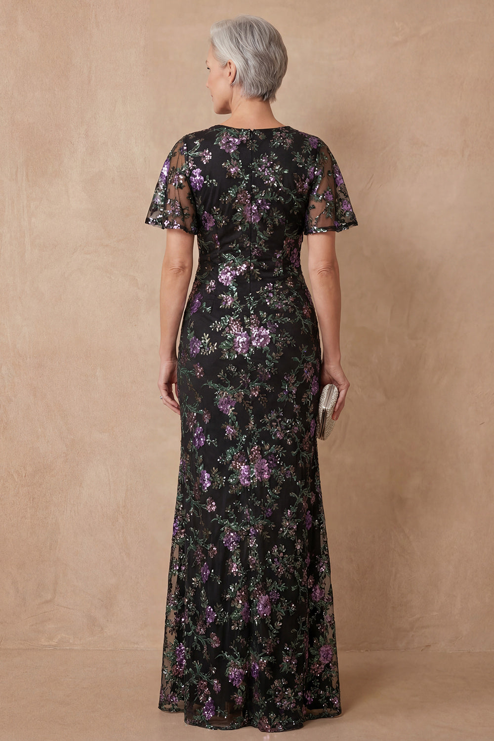 Sparkly Black V Neck Sequin Mermaid Floor-Length Mother of the Bride Dress with Slit