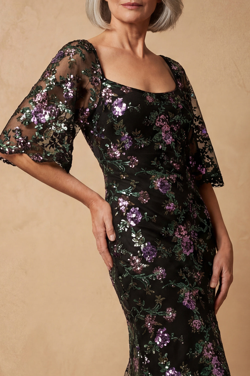 Sparkly Black Square Neck Mermaid Long Mother of the Bride Dress with Sleeves