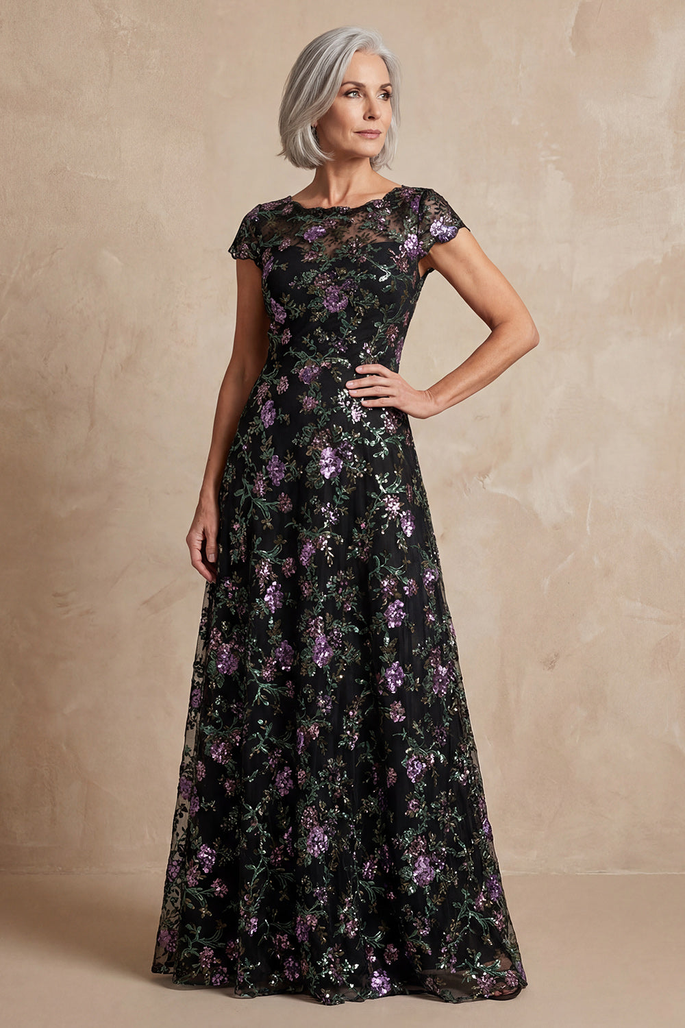 Sparkly Black Boat Neck A Line Long Floral Mother of the Bride Dress