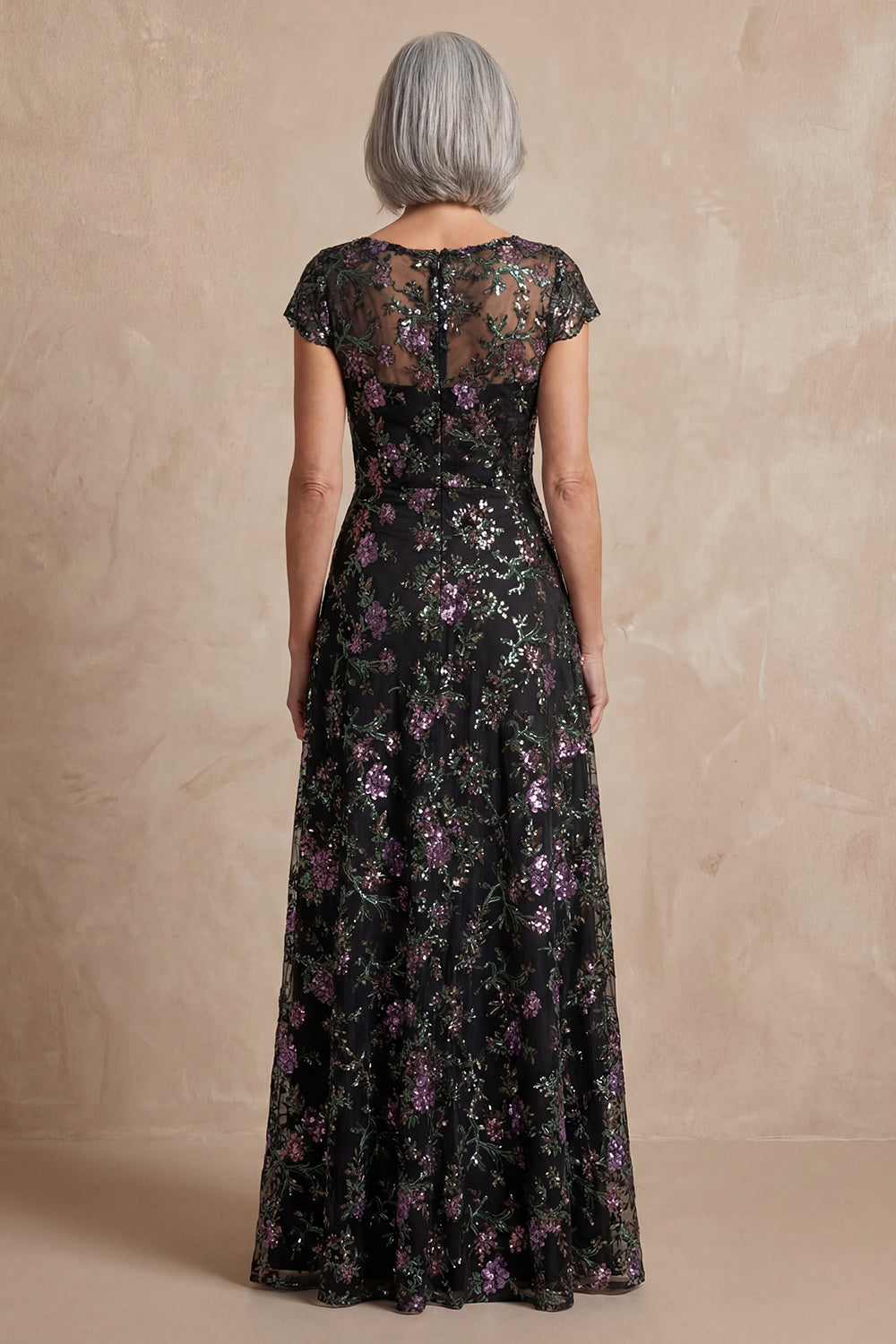 Sparkly Black Boat Neck A Line Long Floral Mother of the Bride Dress
