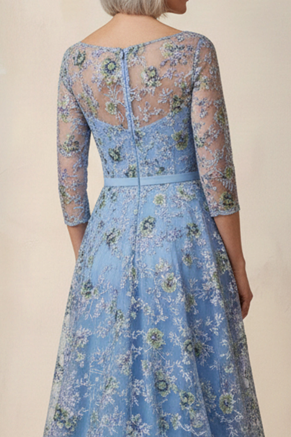 Floral Blue Boat Neck A Line High Low Mother of the Bride Dress with Sleeves