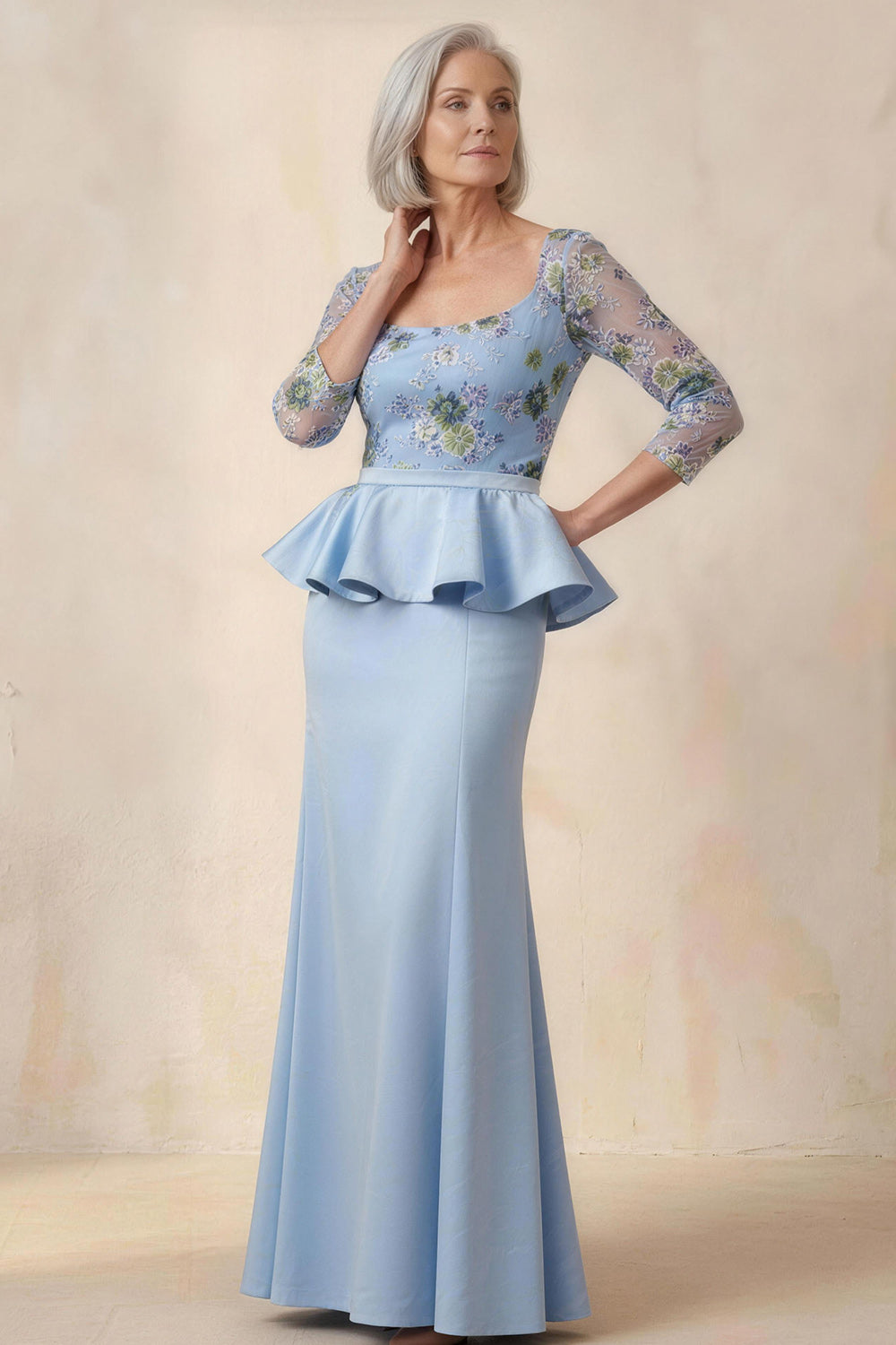 Floral Blue Mermaid Scoop Ruffled Floor-Length Mother of the Bride Dress with Sleeves