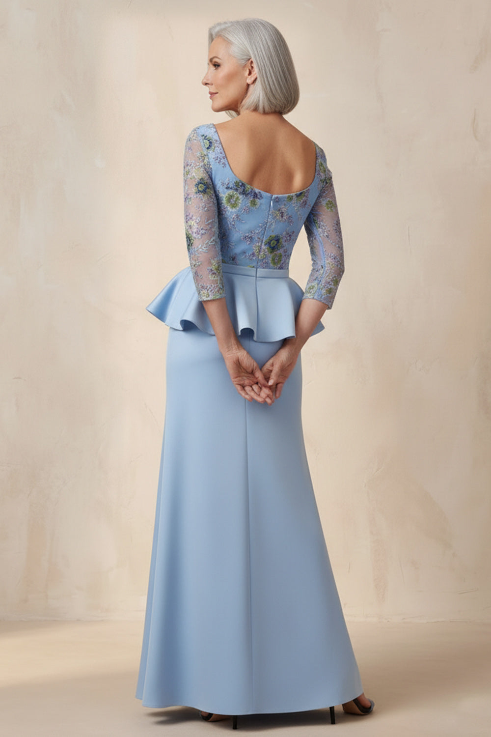 Floral Blue Mermaid Scoop Ruffled Floor-Length Mother of the Bride Dress with Sleeves