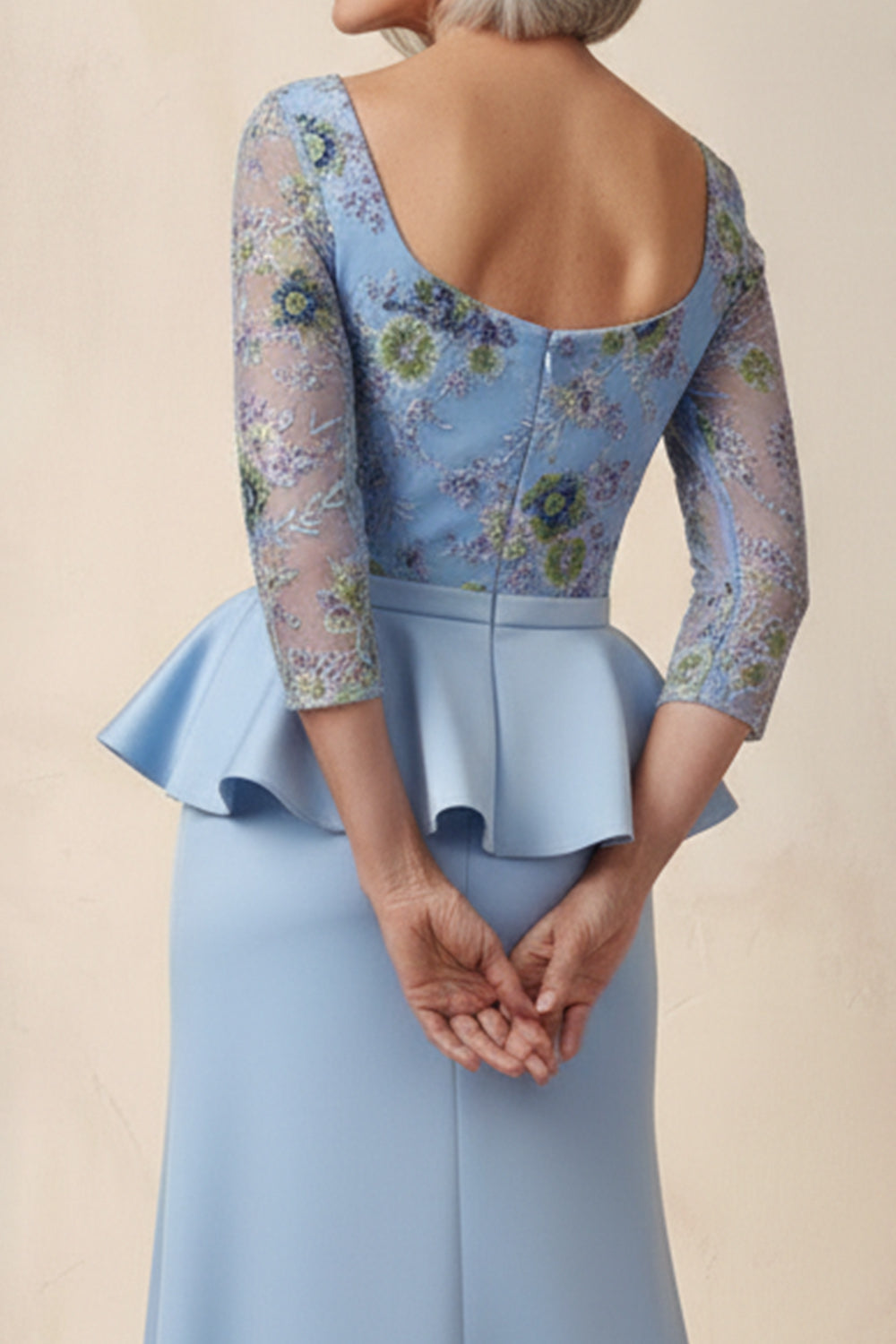 Floral Blue Mermaid Scoop Ruffled Floor-Length Mother of the Bride Dress with Sleeves