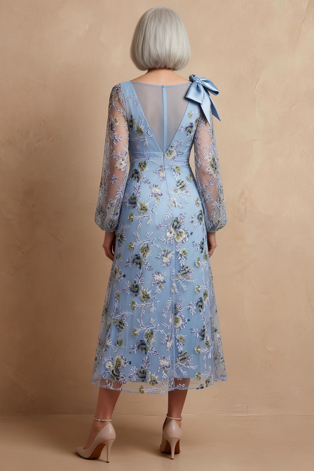 Blue A Line Long Floral Mother of the Bride Dress with Bow