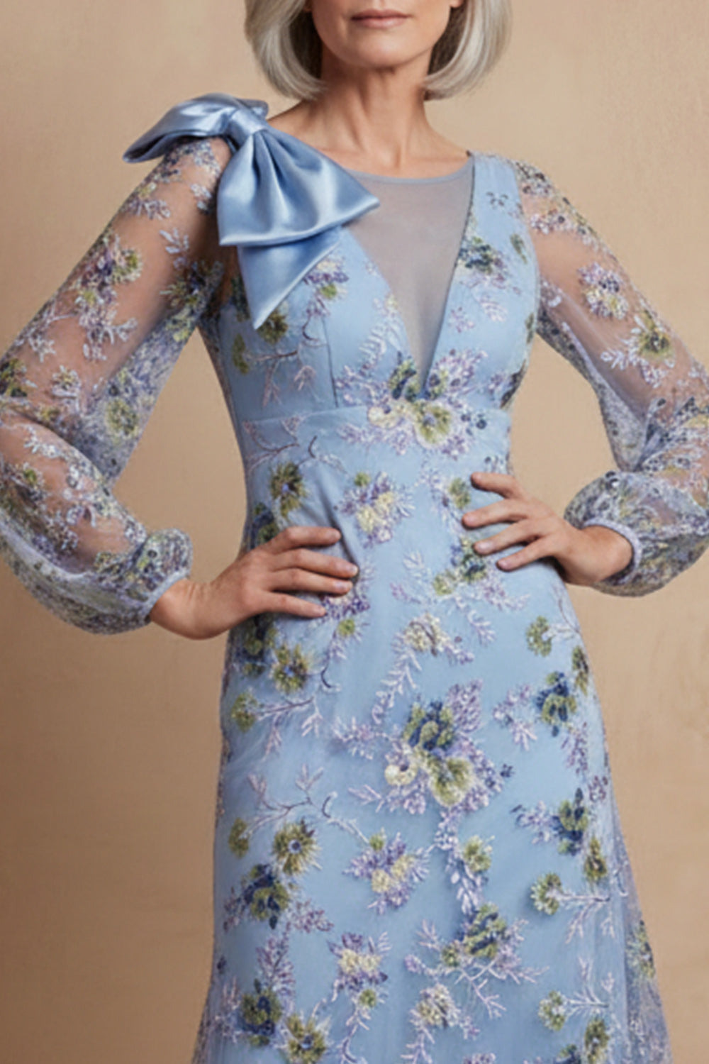 Blue A Line Long Floral Mother of the Bride Dress with Bow