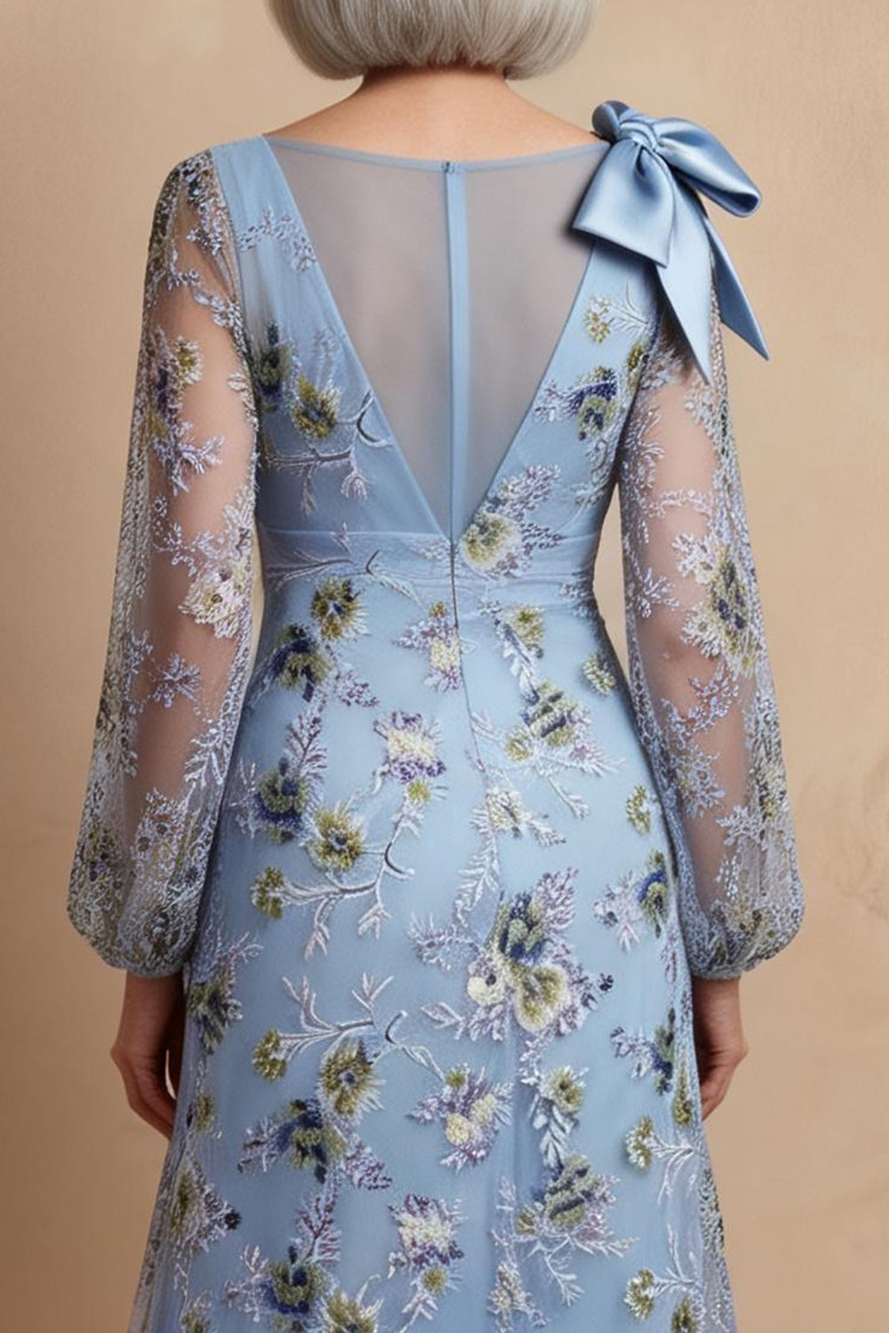 Blue A Line Long Floral Mother of the Bride Dress with Bow