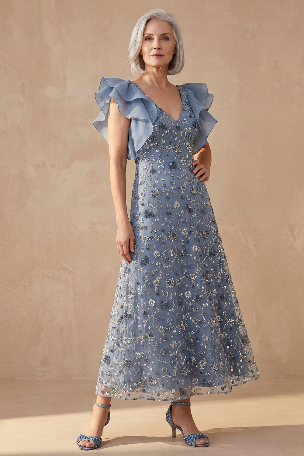 Floral Twilight V Neck A Line Long Mother of the Bride Dress with Ruffles
