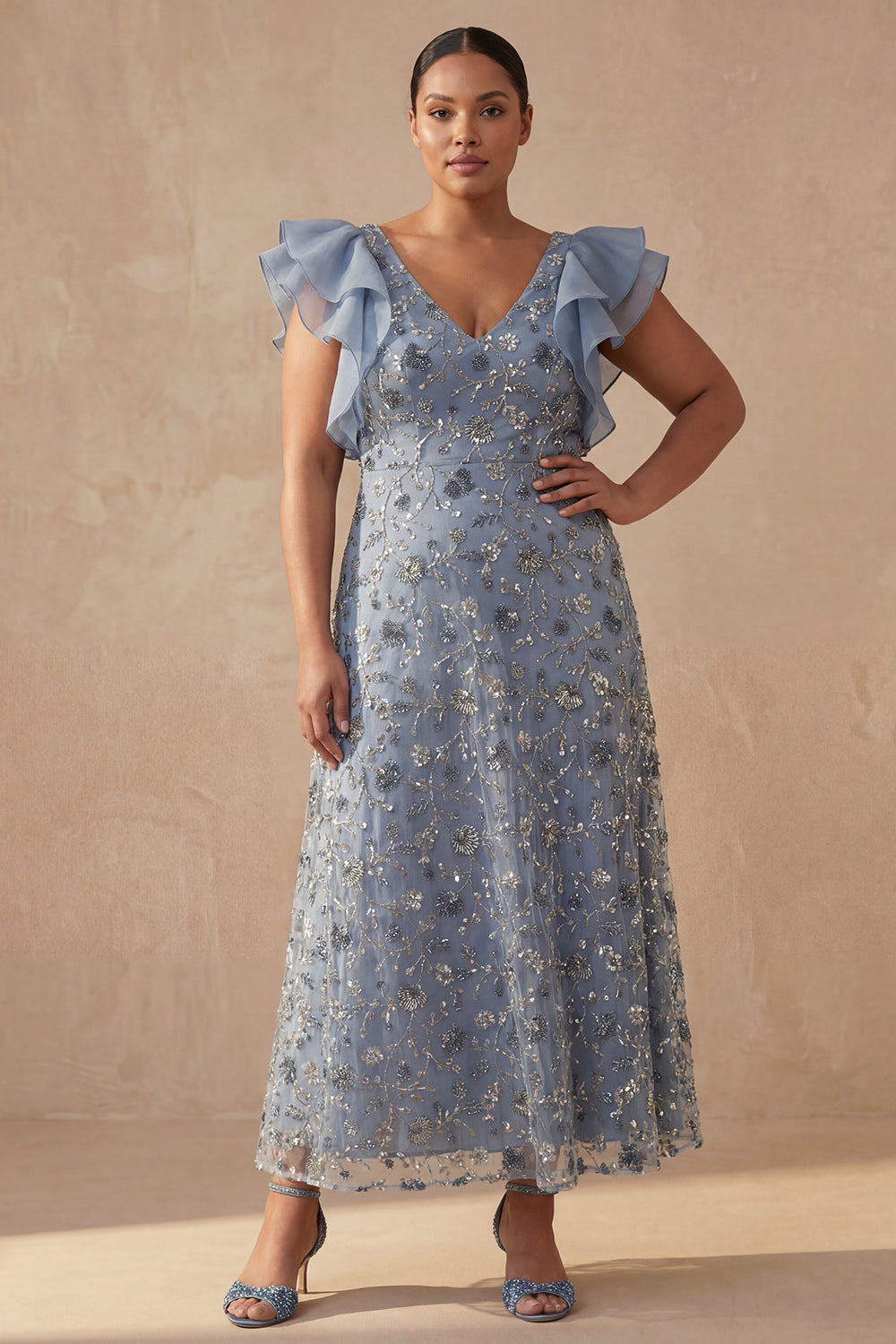 Floral Twilight V Neck A Line Long Mother of the Bride Dress with Ruffles