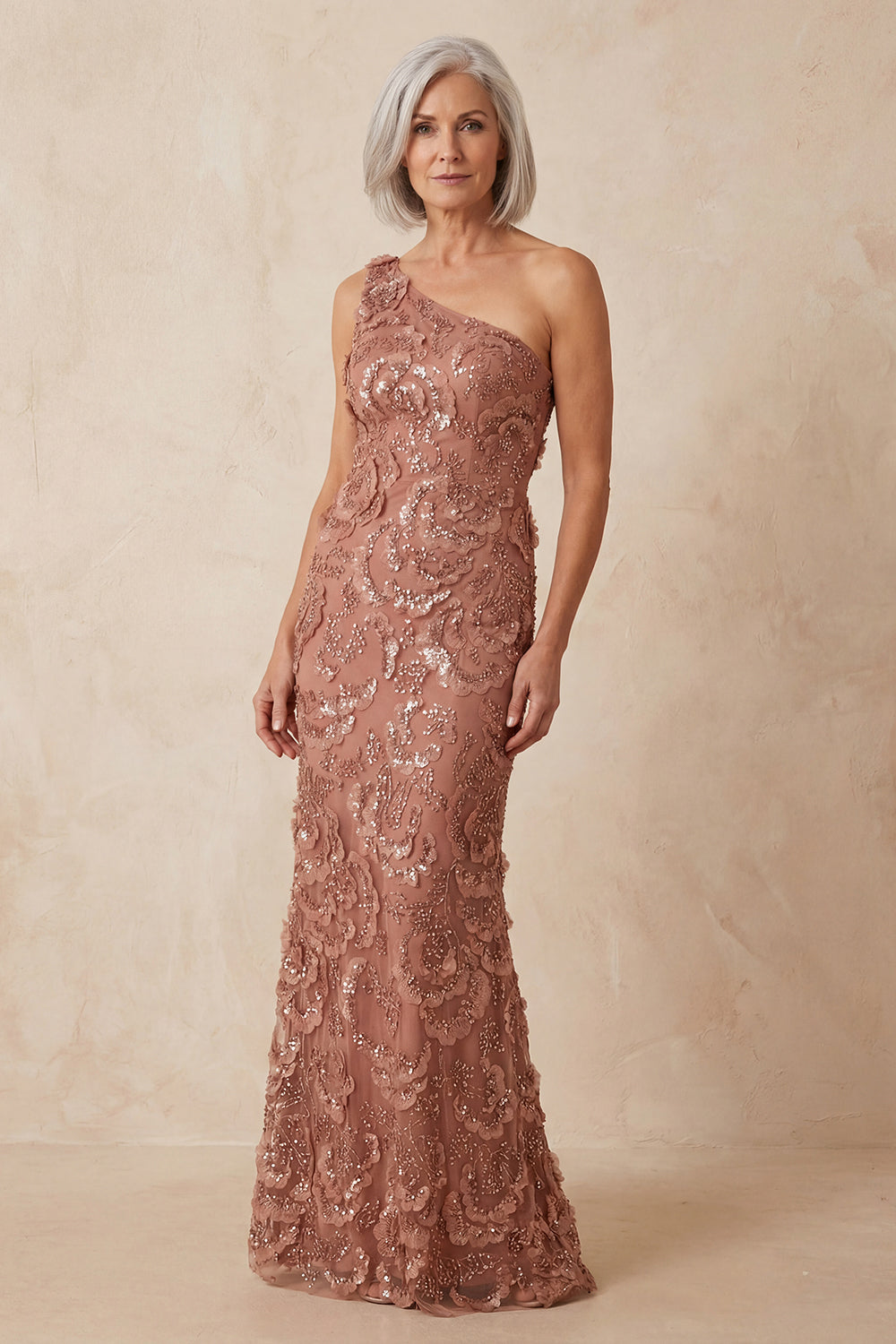 Sparkly Desert Rose Mermaid One Shoulder Long Lace Mother of the Bride Dress